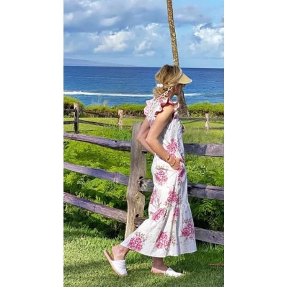 Buru x Megan Stokes Pink Floral Ruffle Sleeve Midi Maxi Dress Sz. S